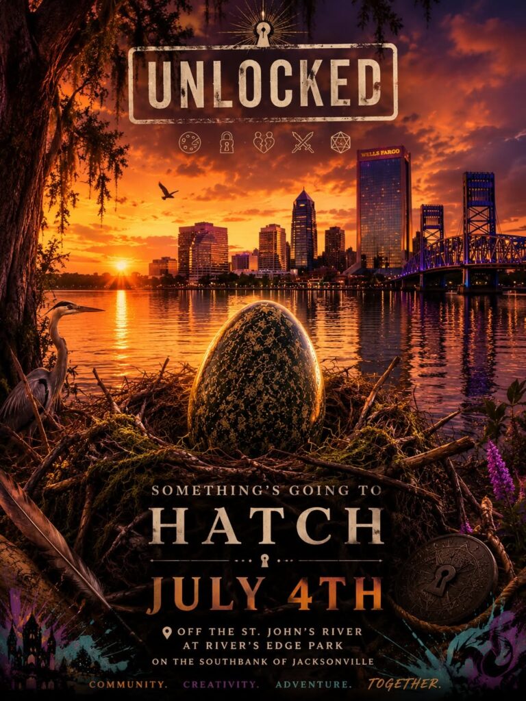 A fantasy-themed teaser poster showing a large dark speckled egg sitting in a nest made of sticks and moss at the edge of the St. Johns River. The nest overlooks the Jacksonville skyline at sunset, including the city’s downtown buildings and riverfront bridges reflected in the water. A heron stands nearby watching the nest while colorful sunset clouds fill the sky in shades of orange, gold, purple, and pink. The poster includes the UNLOCKED logo at the top and the text: “Something’s Going To Hatch – July 4th.” Additional text reads: “Off the St. Johns River at River’s Edge Park on the Southbank of Jacksonville.” The overall mood is mysterious, magical, adventurous, and playful, teasing the arrival of an unknown river creature without revealing what it is.