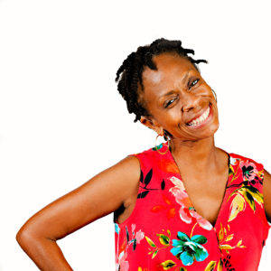 A smiling woman wearing a red blouse