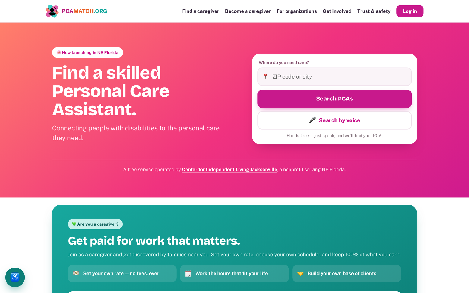 The PCAMatch.org home page: the headline "Find a skilled Personal Care Assistant", a box to search by ZIP code or city, and an invitation for caregivers to join.