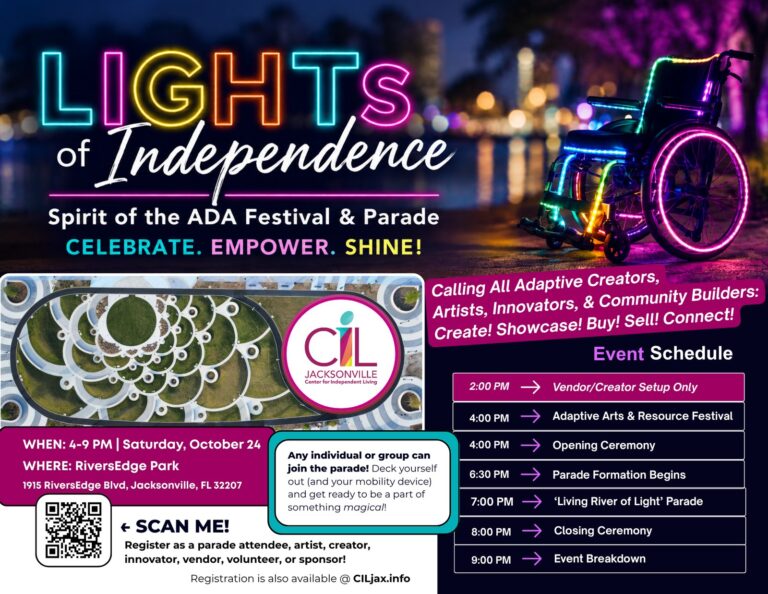 Flyer for Lights of Independence: Spirit of the ADA Festival and Parade, with a wheelchair outlined in neon lights. Saturday, October 24, 4 to 9 PM, RiversEdge Park.